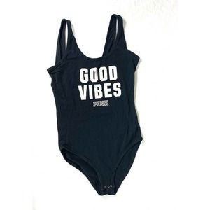 Victoria's Secret Pink Black Sleeveless Body Suit Good Vibes Size Small